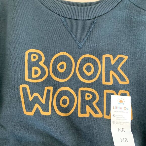 NWT!! Unisex Sz NB"Book Worm"Crewneck Sweatshirt (LW) Organic Cotton Green/Blue - Picture 5 of 7